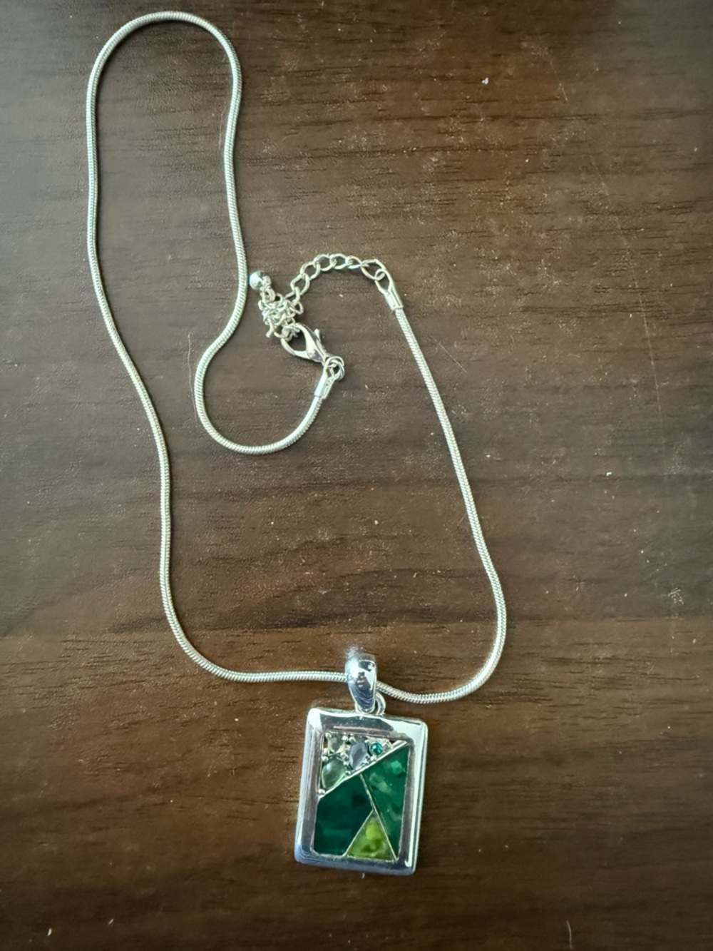 Silver-Tone Green Mosaic Pendant Necklace